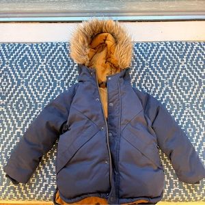 Zara Baby navy down jacket with removable fur hood size 3-4y